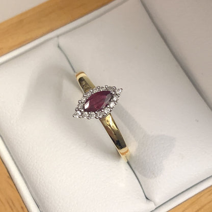 Marquise Shape Ruby And Diamond Yellow Gold Cluster Ring