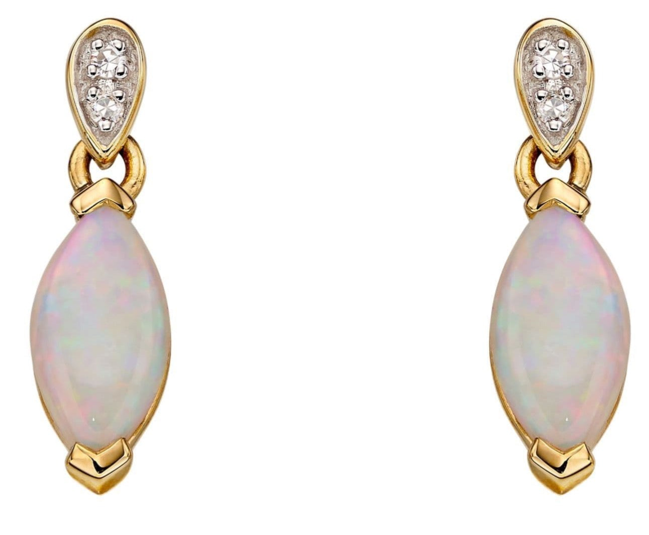 Marquise Shaped Opal And Diamond Yellow Gold Drop Earrings