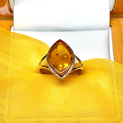 Marquise shape sterling silver real amber ring