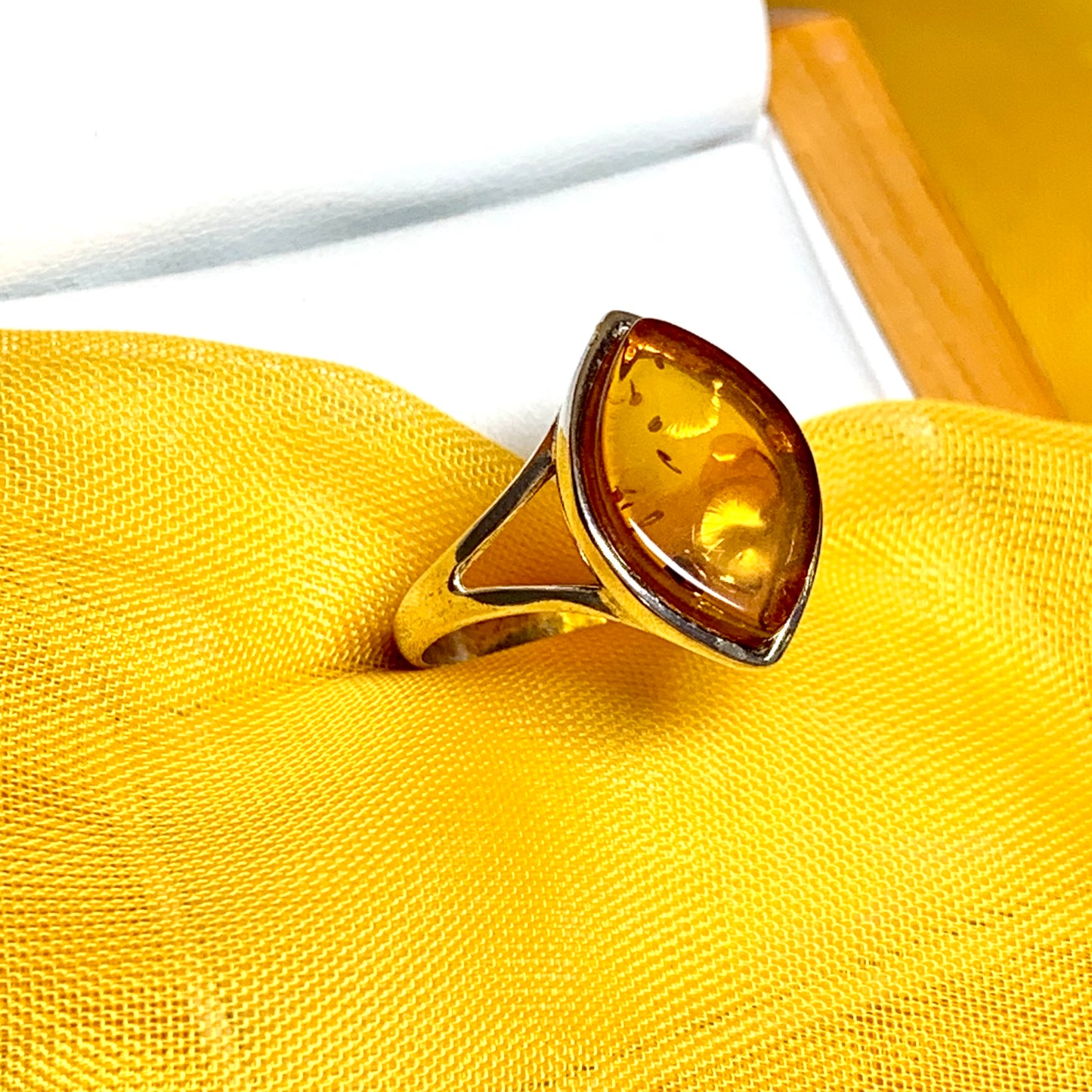 Marquise shape sterling silver real amber ring