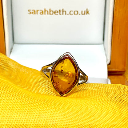 Marquise shape sterling silver real amber ring