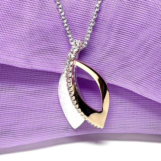 Marquise shaped two tone sterling silver and rose gilt necklace double pendant