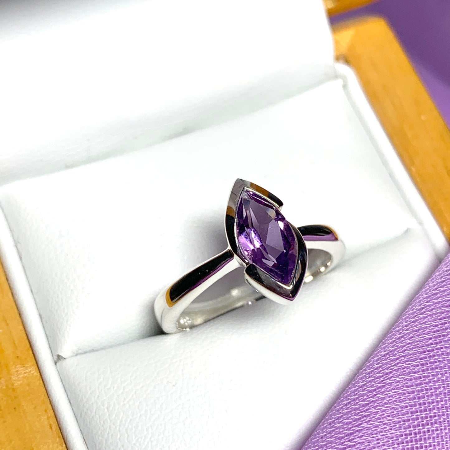Marquise shaped amethyst sterling silver fancy dress cocktail ring