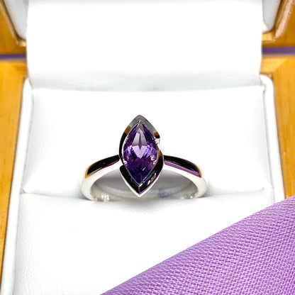 Marquise shaped amethyst sterling silver fancy dress cocktail ring