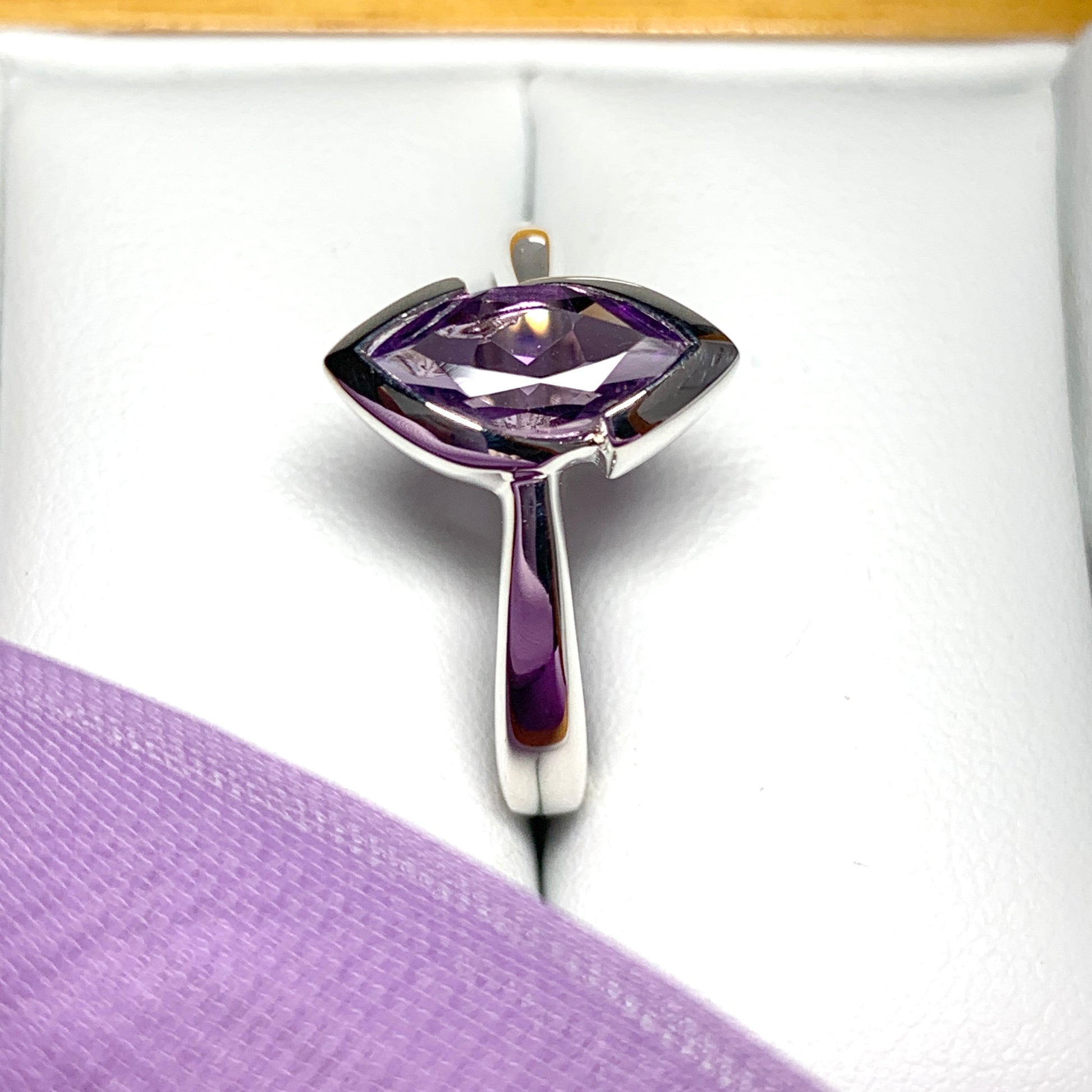 Marquise shaped amethyst sterling silver fancy dress cocktail ring