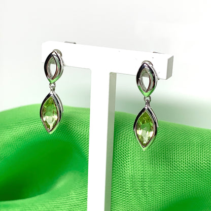 Marquise shaped peridot white gold drop earrings