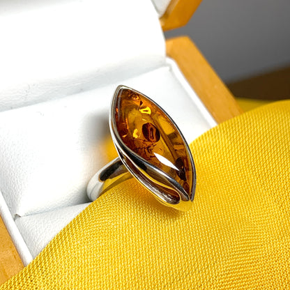 Marquise shaped sterling silver real amber ring