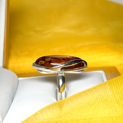 Marquise shaped sterling silver real amber ring