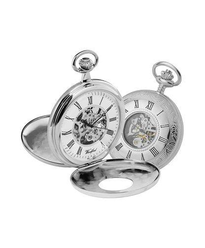 Mechanical Chrome Plated Half Hunter Patterned Pocket Watch With Chain