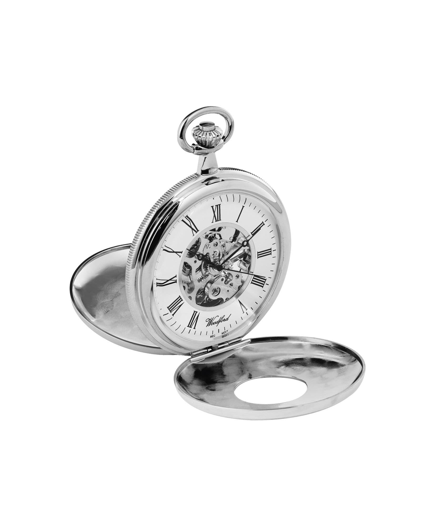 Mechanical Chrome Plated Half Hunter Patterned Pocket Watch With Chain