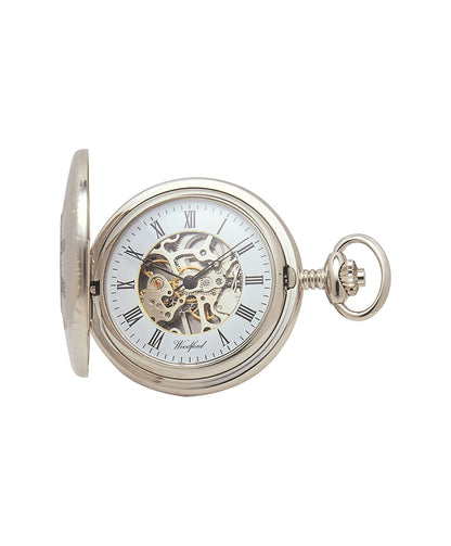 Mechanical Chrome Plated Half Hunter Pocket Watch With Chain