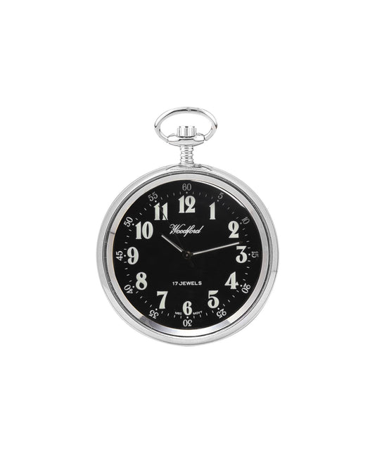 Mechanical Chrome Plated Open Face Pocket Watch With Chain