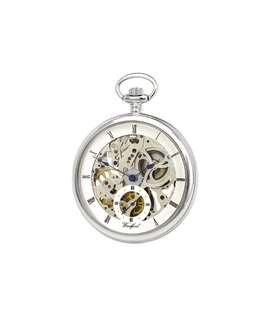 Mechanical Chrome Plated Open Faced Pocket Watch With Chain