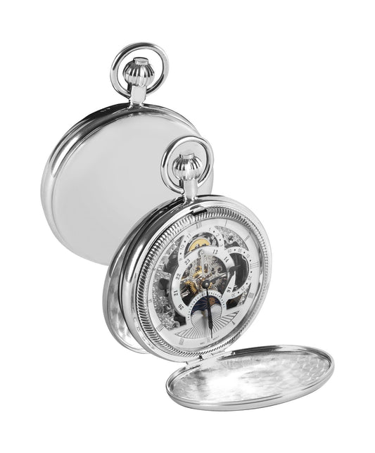 Mechanical Chrome Plated Twin Time Zone Pocket Watch With Chain