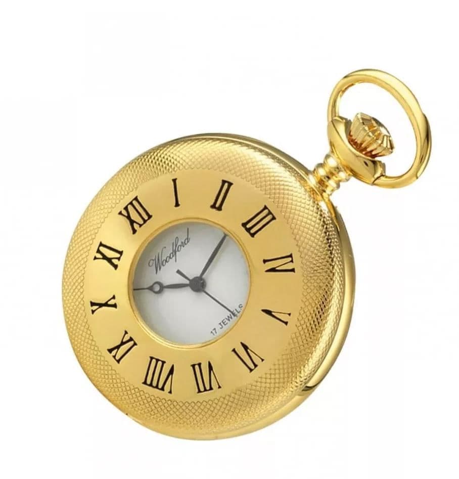 Mechanical Gold Plated Half Hunter Pocket Watch With Machine Patterning And Chain