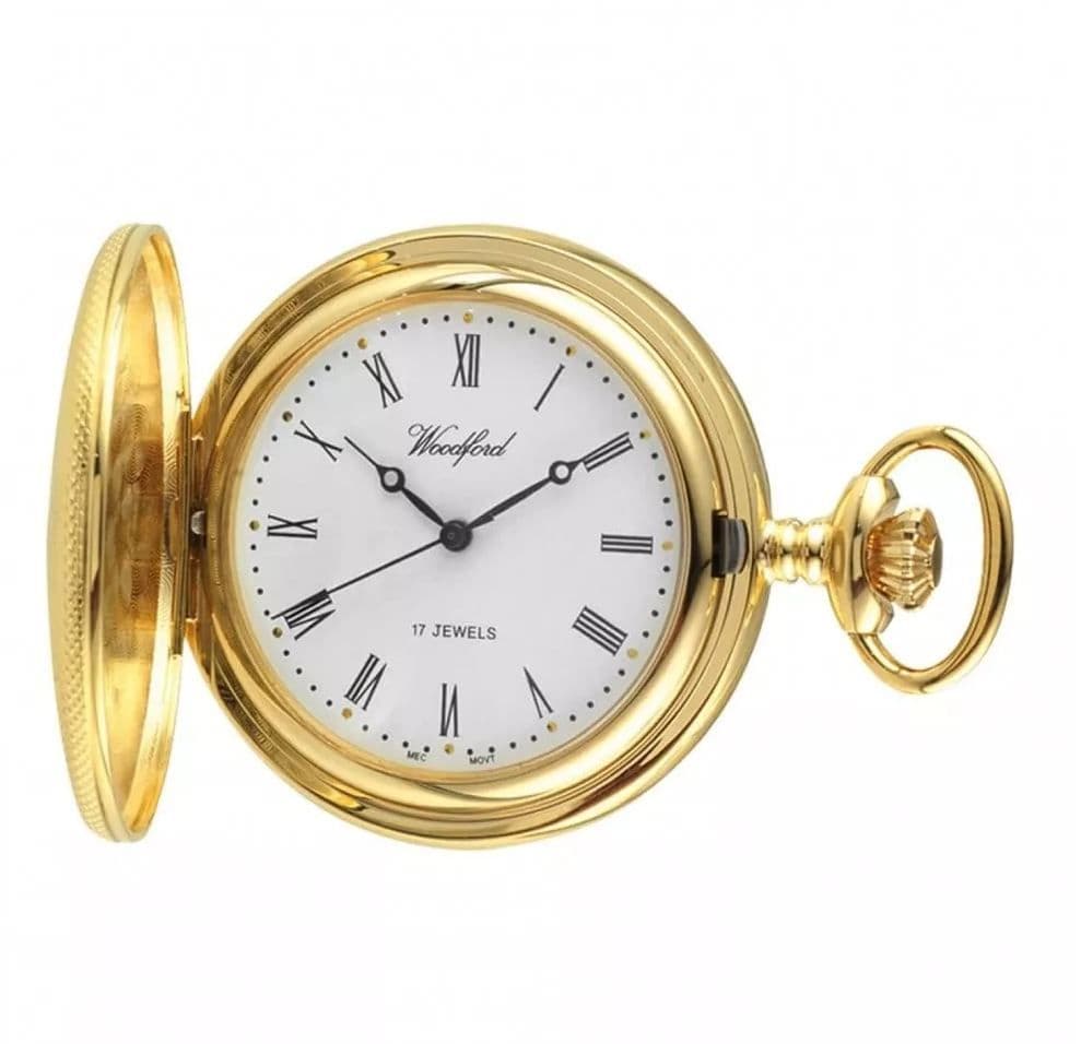 Mechanical Gold Plated Half Hunter Pocket Watch With Machine Patterning And Chain