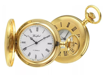 Mechanical Gold Plated Half Hunter Pocket Watch With Machine Patterning And Chain