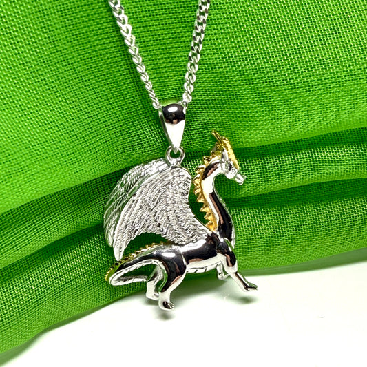 Men's or Ladies Solid Sterling Silver Standing Dragon Chain Necklace Pendant