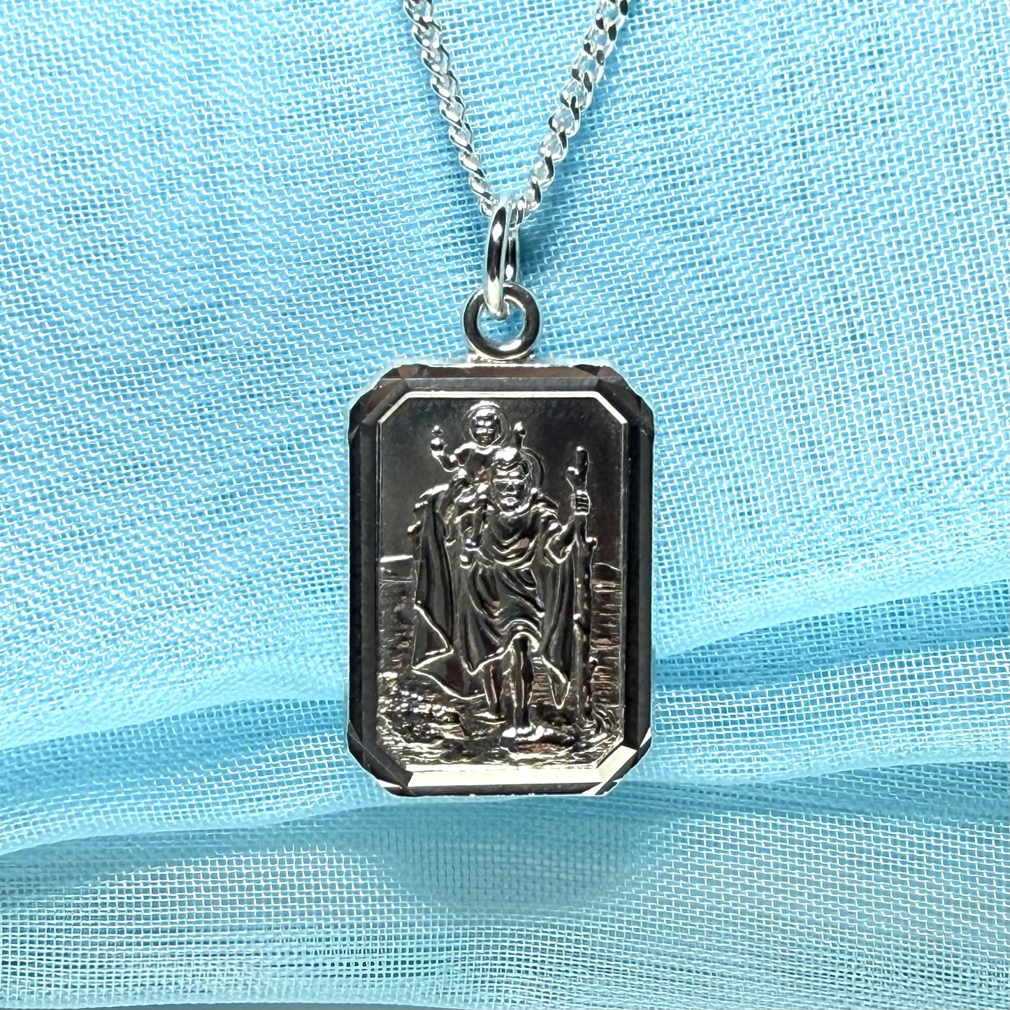 Men’s solid sterling silver octagonal rectangle shaped St.Christopher