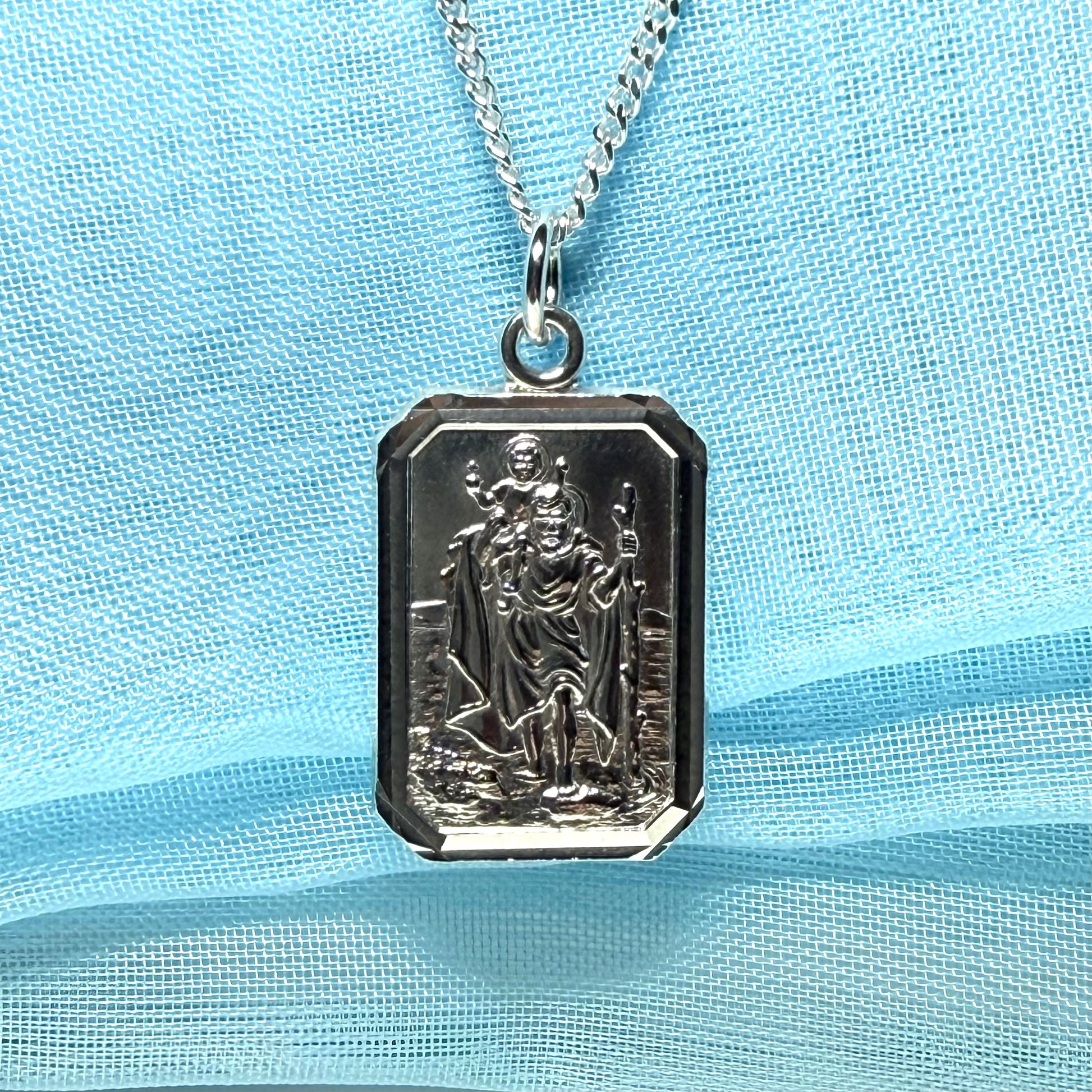 Men’s solid sterling silver octagonal rectangle shaped St.Christopher