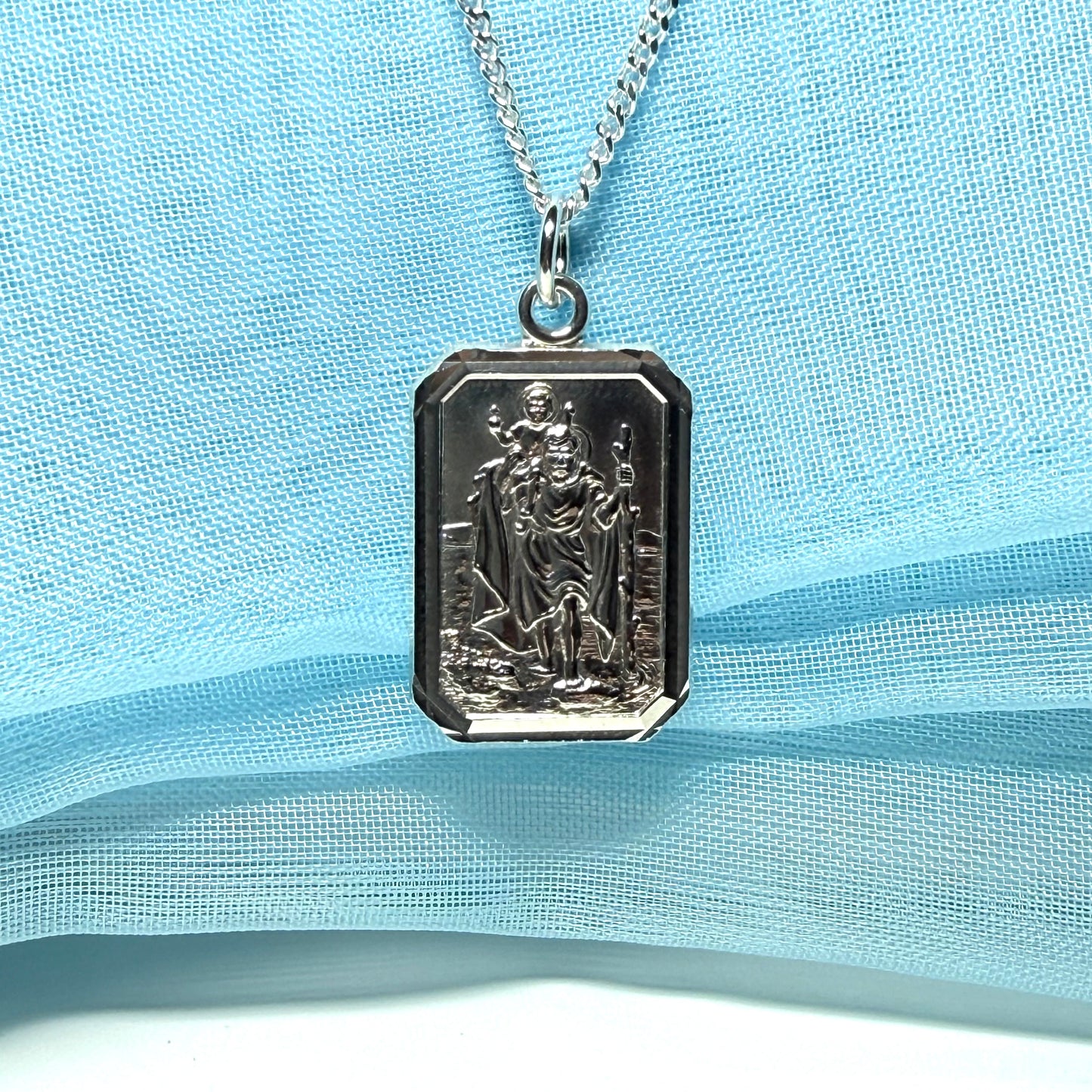 Men’s solid sterling silver octagonal rectangle shaped St.Christopher