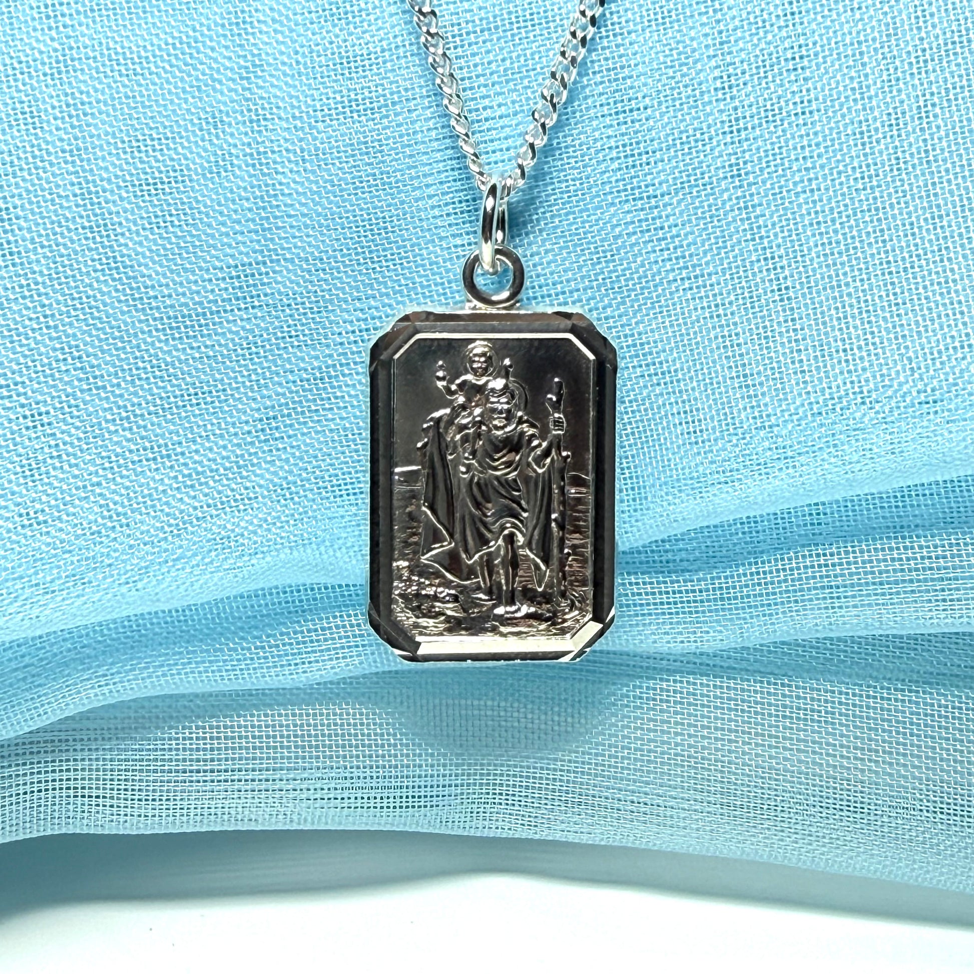 Men’s solid sterling silver octagonal rectangle shaped St.Christopher