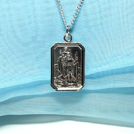 Men’s solid sterling silver octagonal rectangle shaped St.Christopher