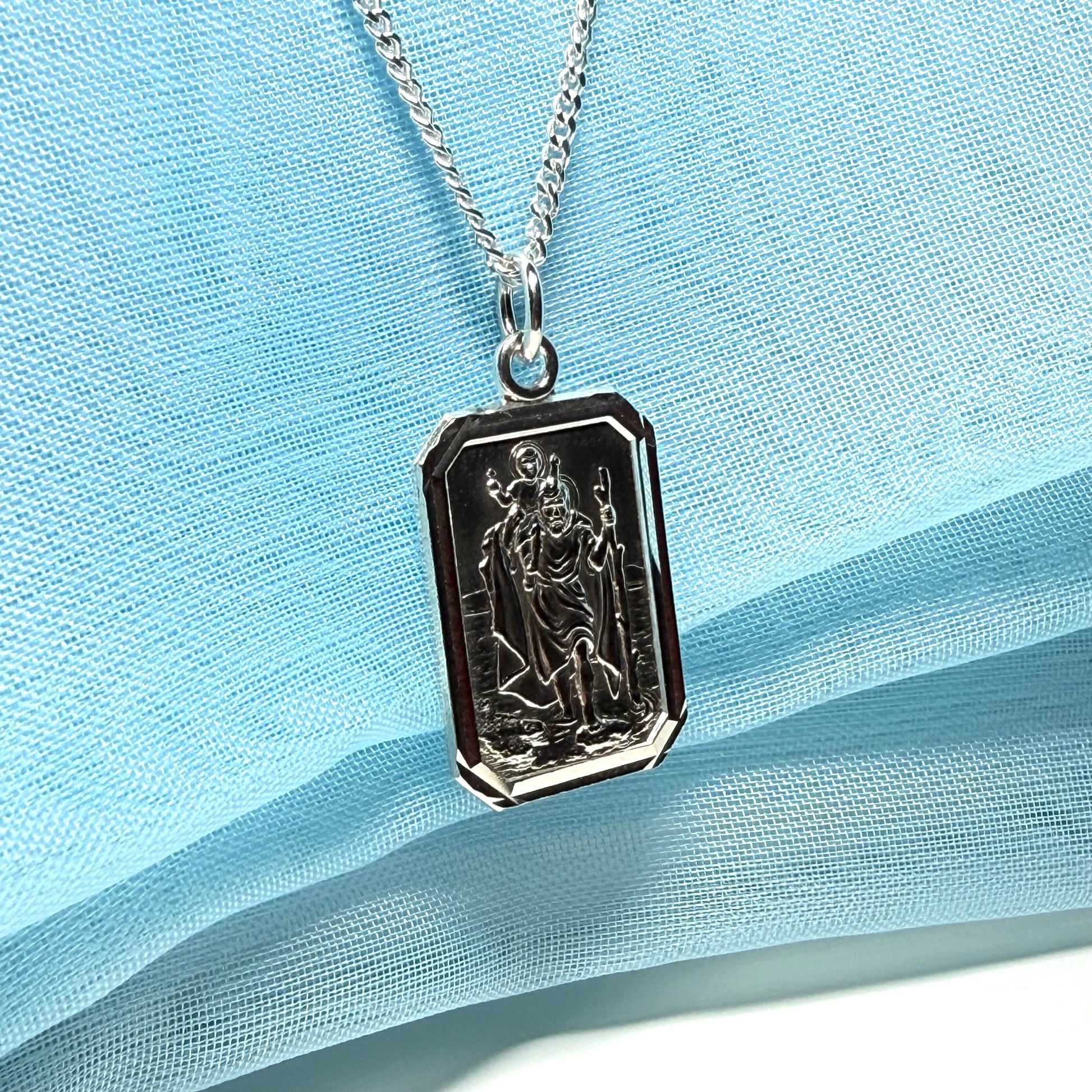 Men’s solid sterling silver octagonal rectangle shaped St.Christopher