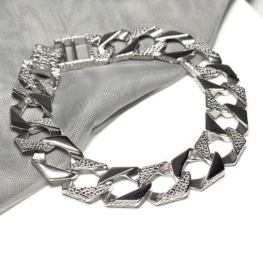 Men's solid 41g sterling silver extra heavyweight 9 inch half patterned bark effect curb bracelet