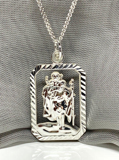 Mens solid sterling silver octagonal rectangle open pierced St.Christopher