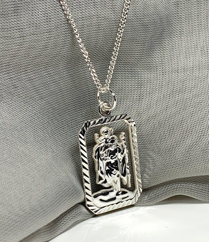 Mens solid sterling silver octagonal rectangle open pierced St.Christopher