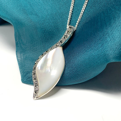 Mother of Pearl marcasite large silver necklace