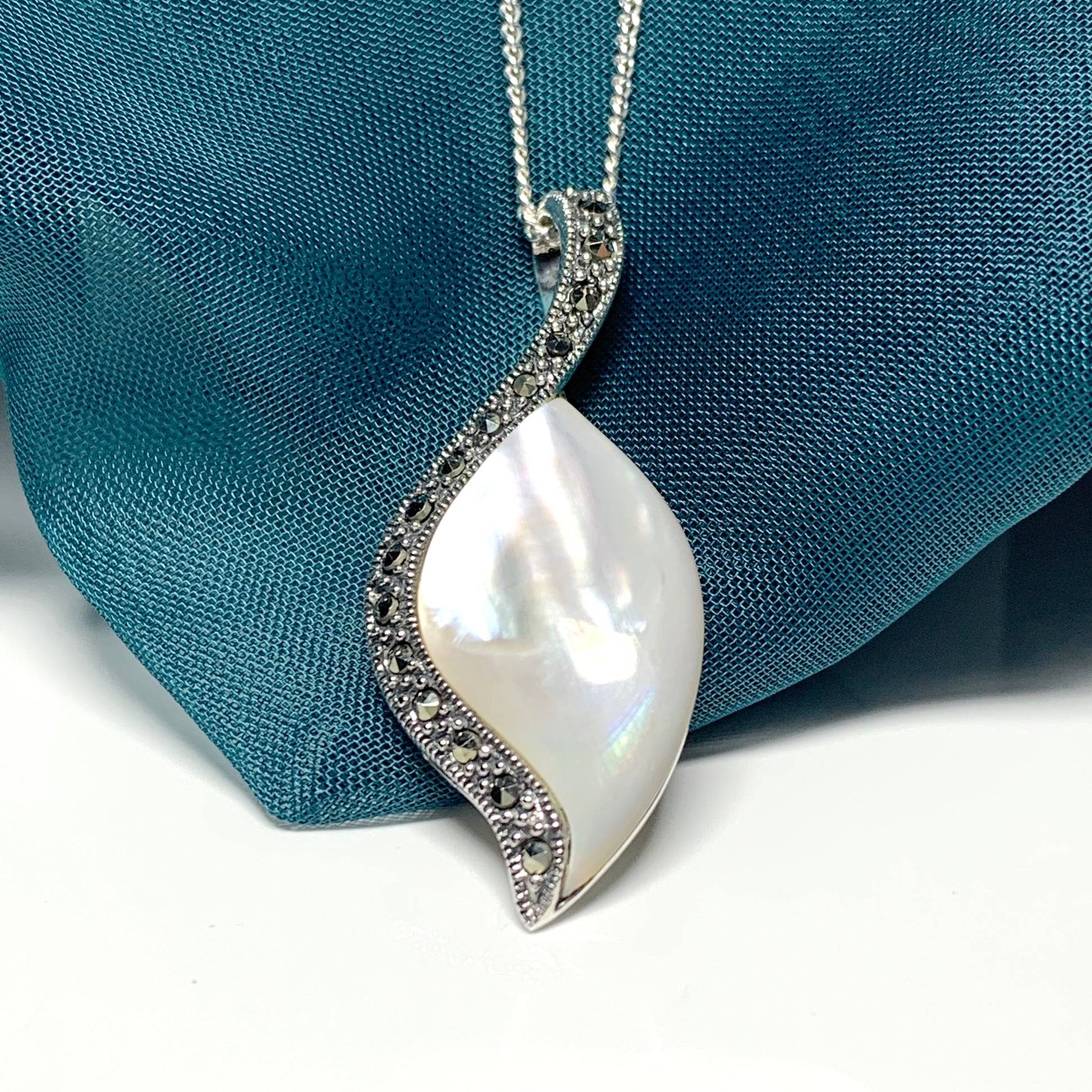 Mother of Pearl marcasite large silver necklace