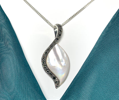 Mother of Pearl marcasite large silver necklace