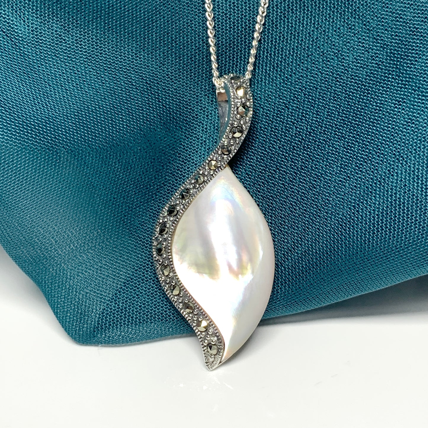 Mother of Pearl marcasite large silver necklace