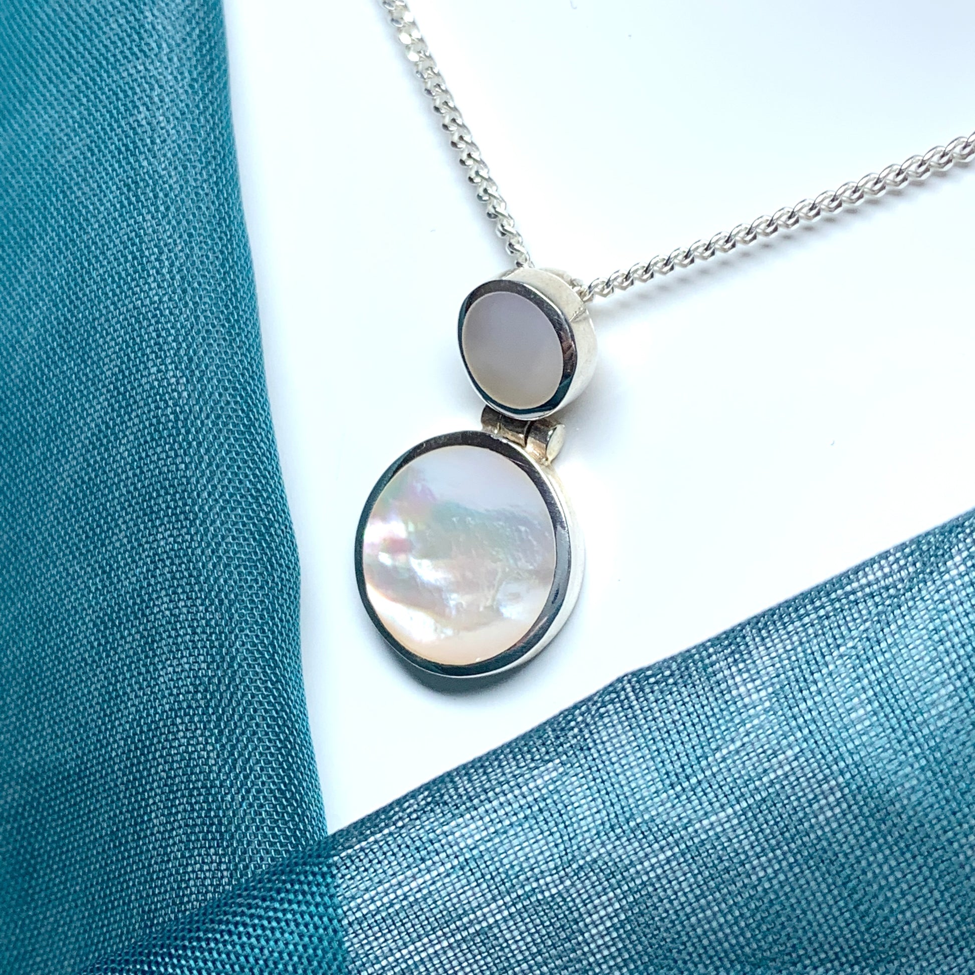 Mother of pearl round sterling silver necklace double circle pendant