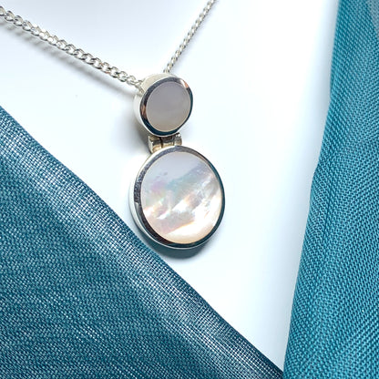 Mother of pearl round sterling silver necklace double circle pendant