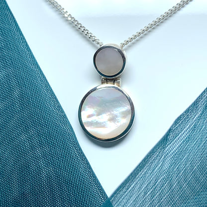 Mother of pearl round sterling silver necklace double circle pendant