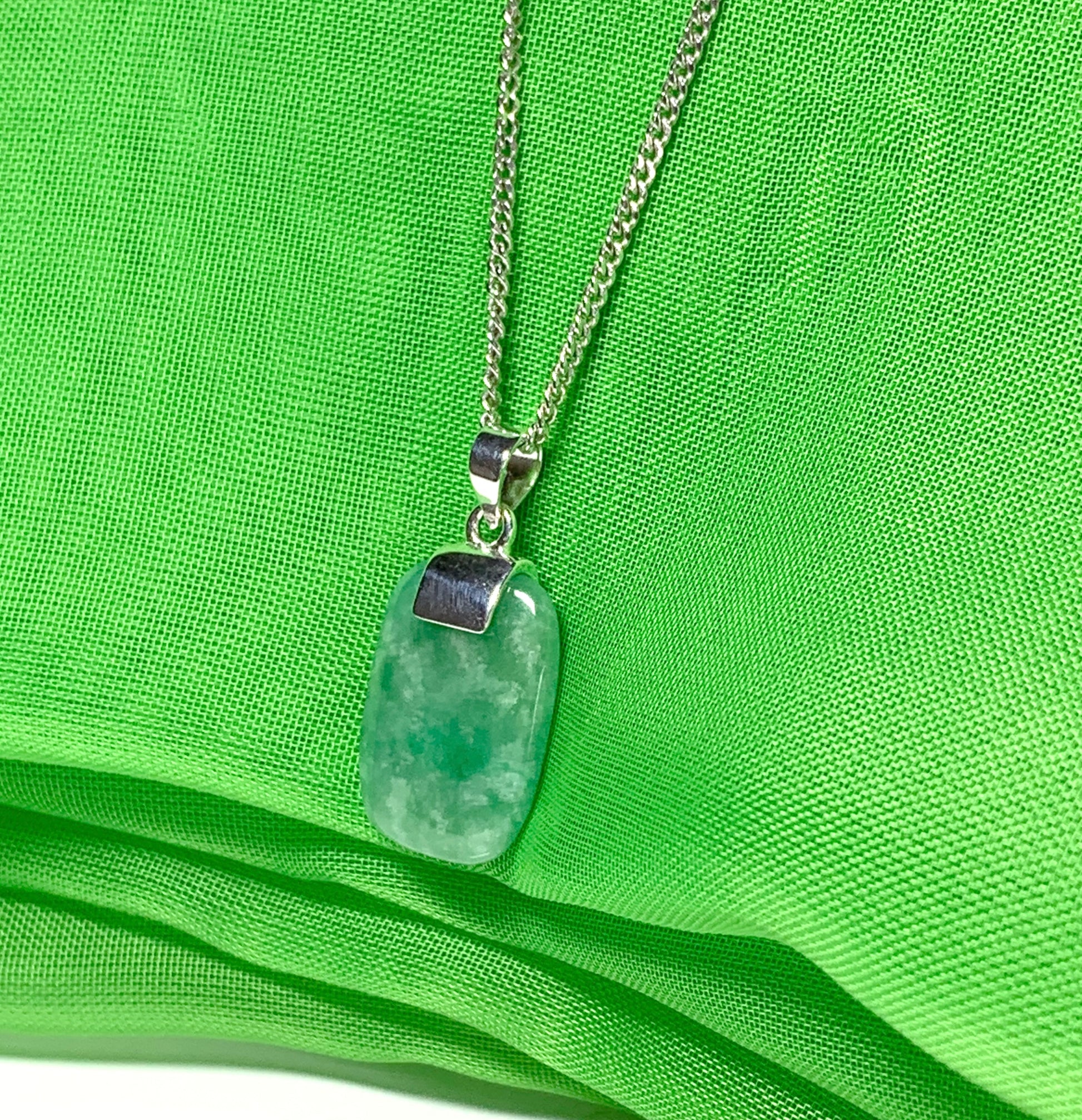 Mottled necklace with real green jade sterling silver cushion shaped pendant