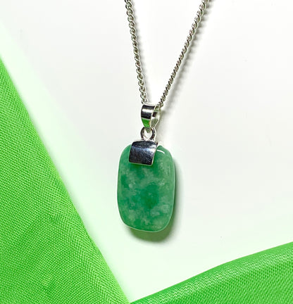 Mottled necklace with real green jade sterling silver cushion shaped pendant