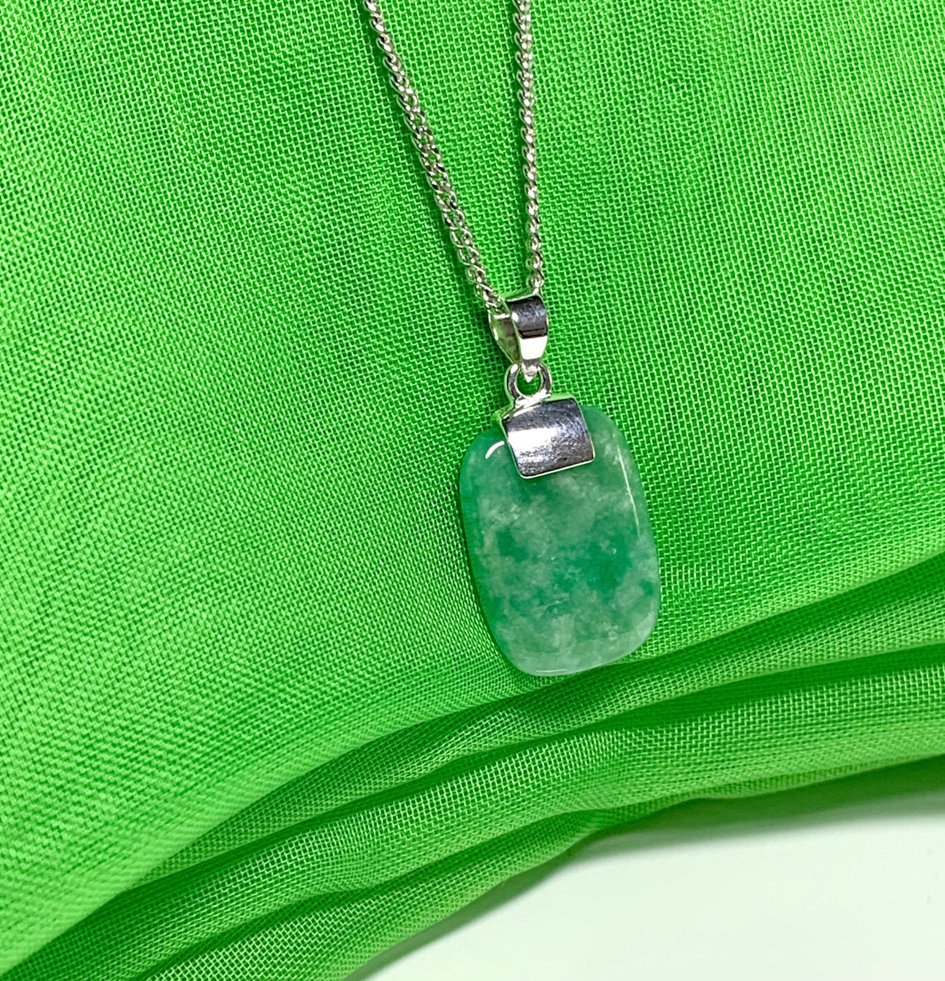 Mottled necklace with real green jade sterling silver cushion shaped pendant