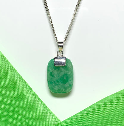 Mottled necklace with real green jade sterling silver cushion shaped pendant