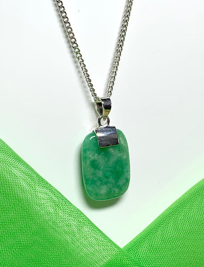 Mottled necklace with real green jade sterling silver cushion shaped pendant