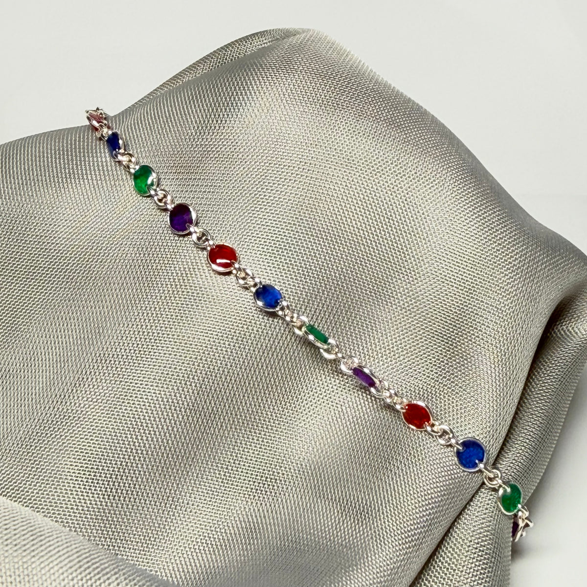 Multi Coloured Enamel Sterling Silver Fancy Link Ladies