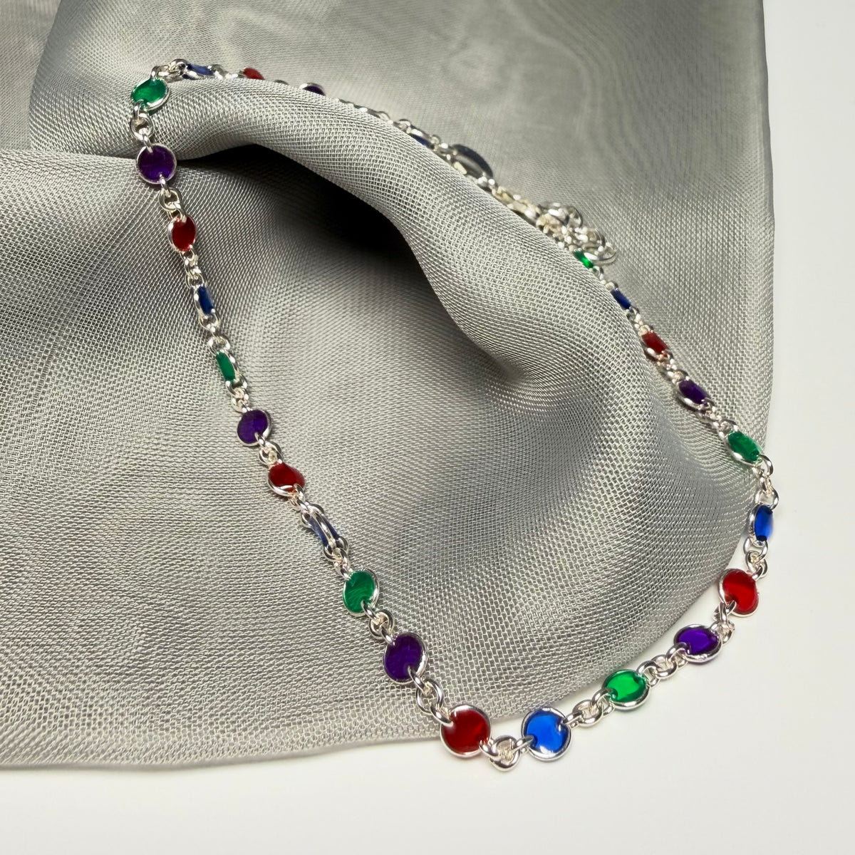 Multi Coloured Enamel Sterling Silver Fancy Link Ladies