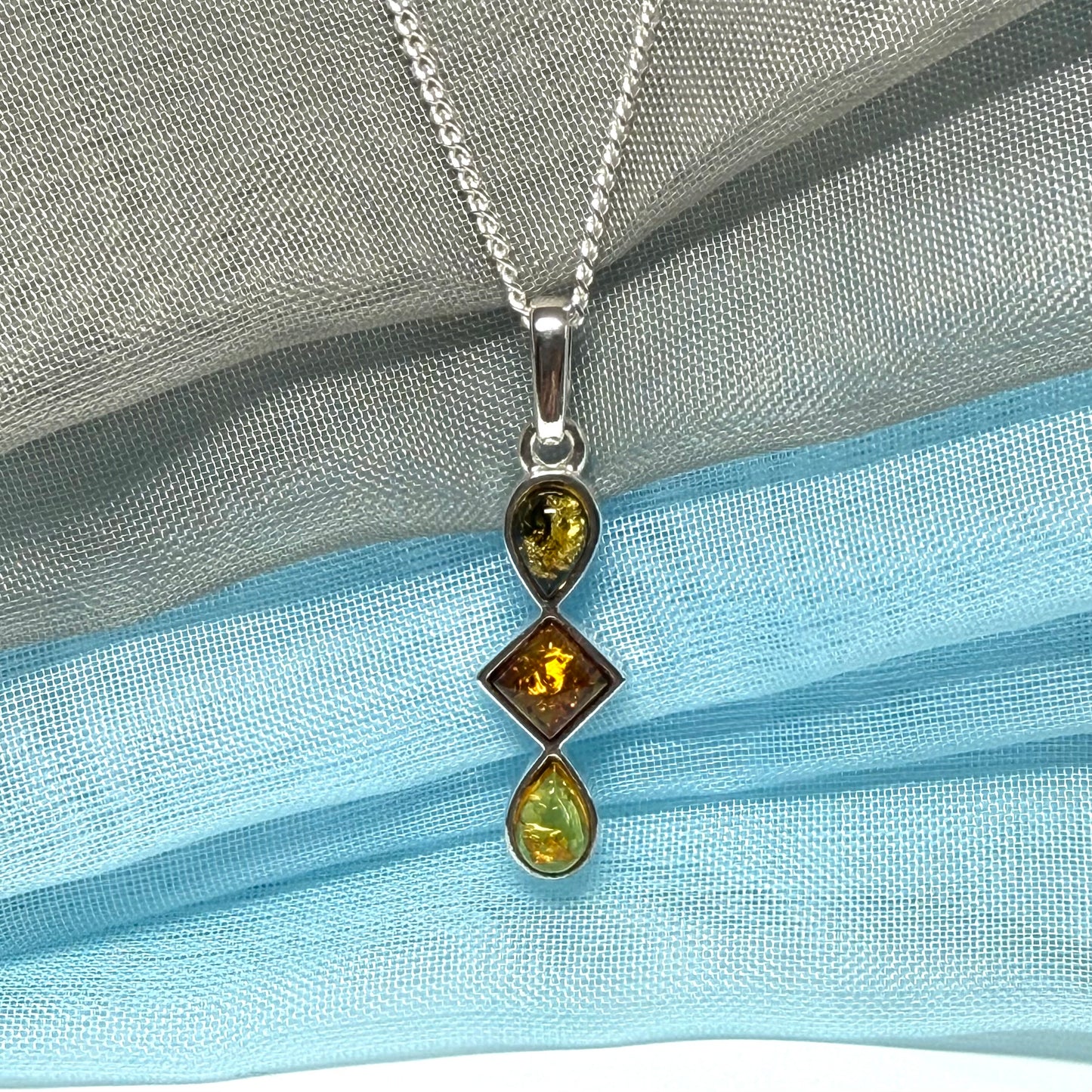 Multi coloured amber sterling silver necklace