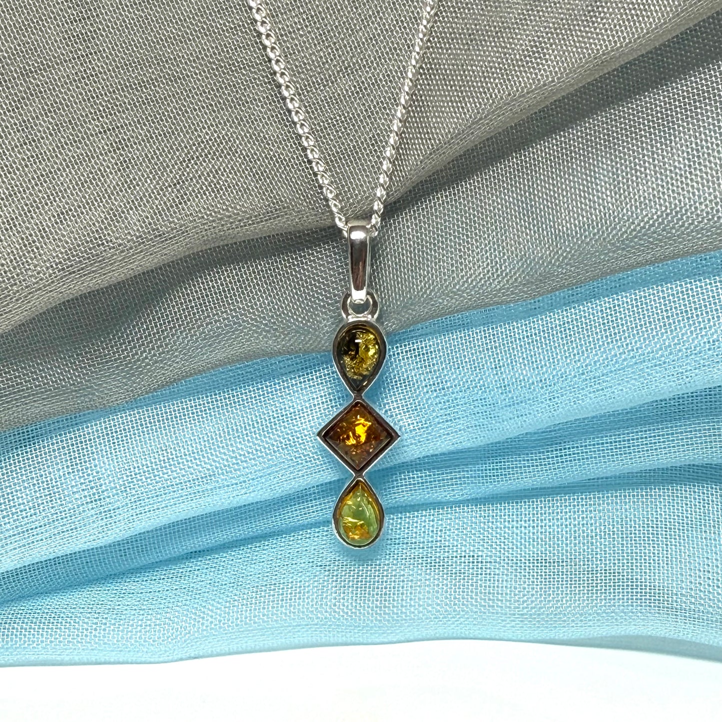Multi coloured amber sterling silver necklace