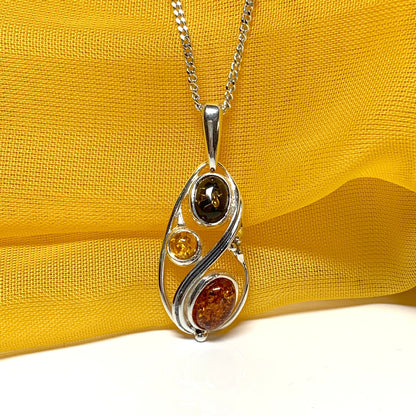 Multi coloured real amber sterling silver necklace