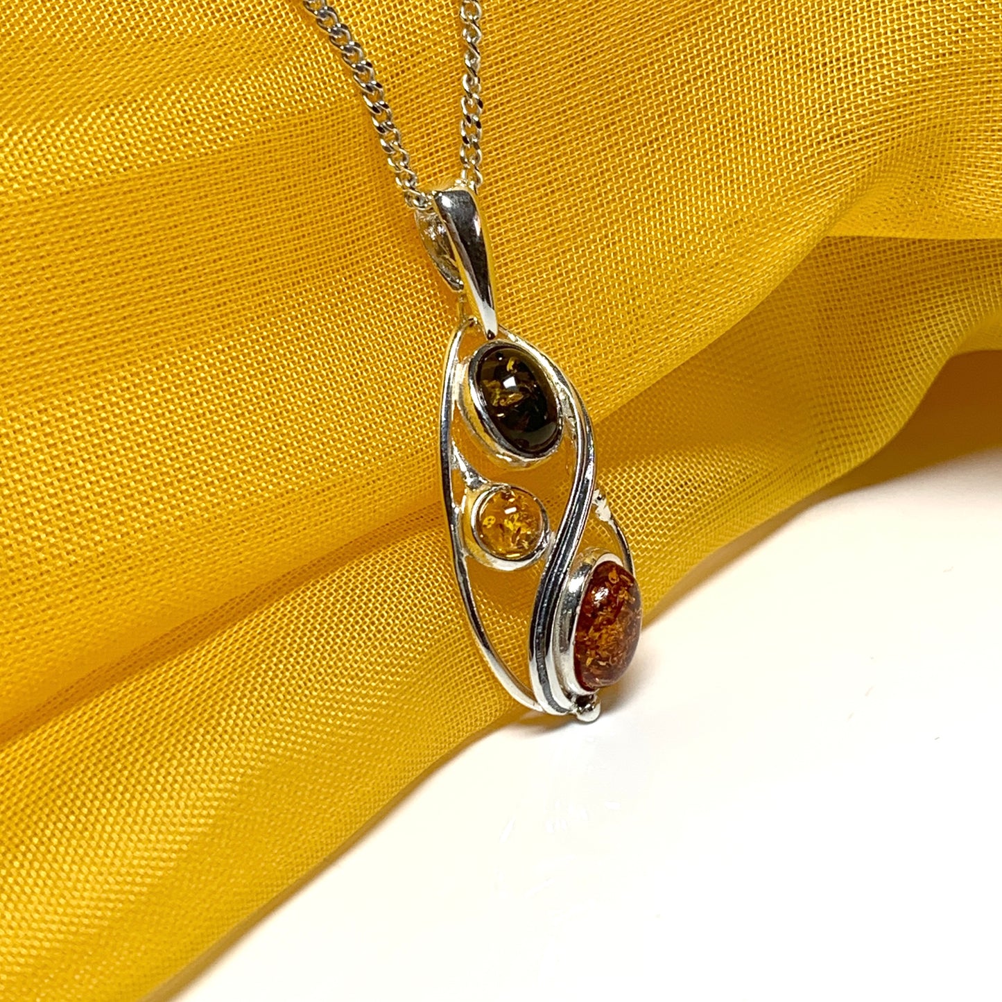 Multi coloured real amber sterling silver necklace