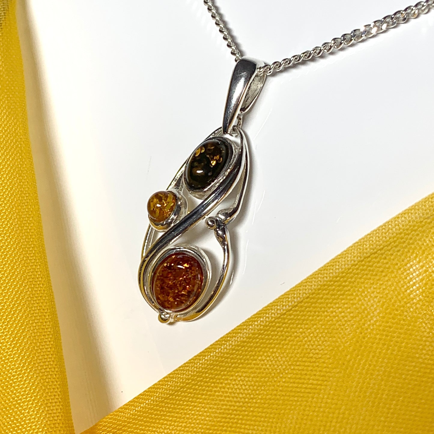 Multi coloured real amber sterling silver necklace